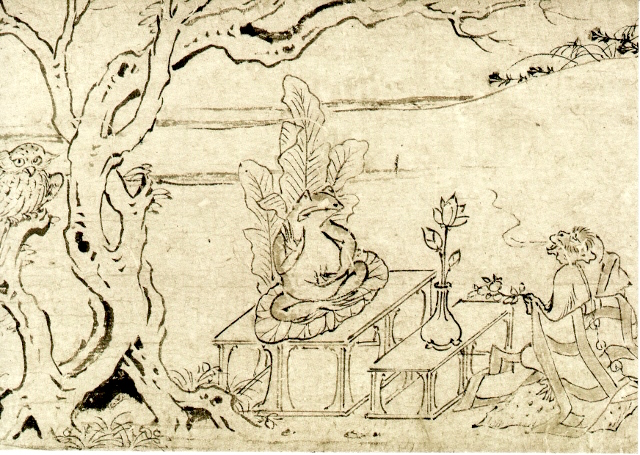 Lotus is offered to a frog portrayed a Buddha in the scrolls of frolicking animals and humans in the Heian Period
